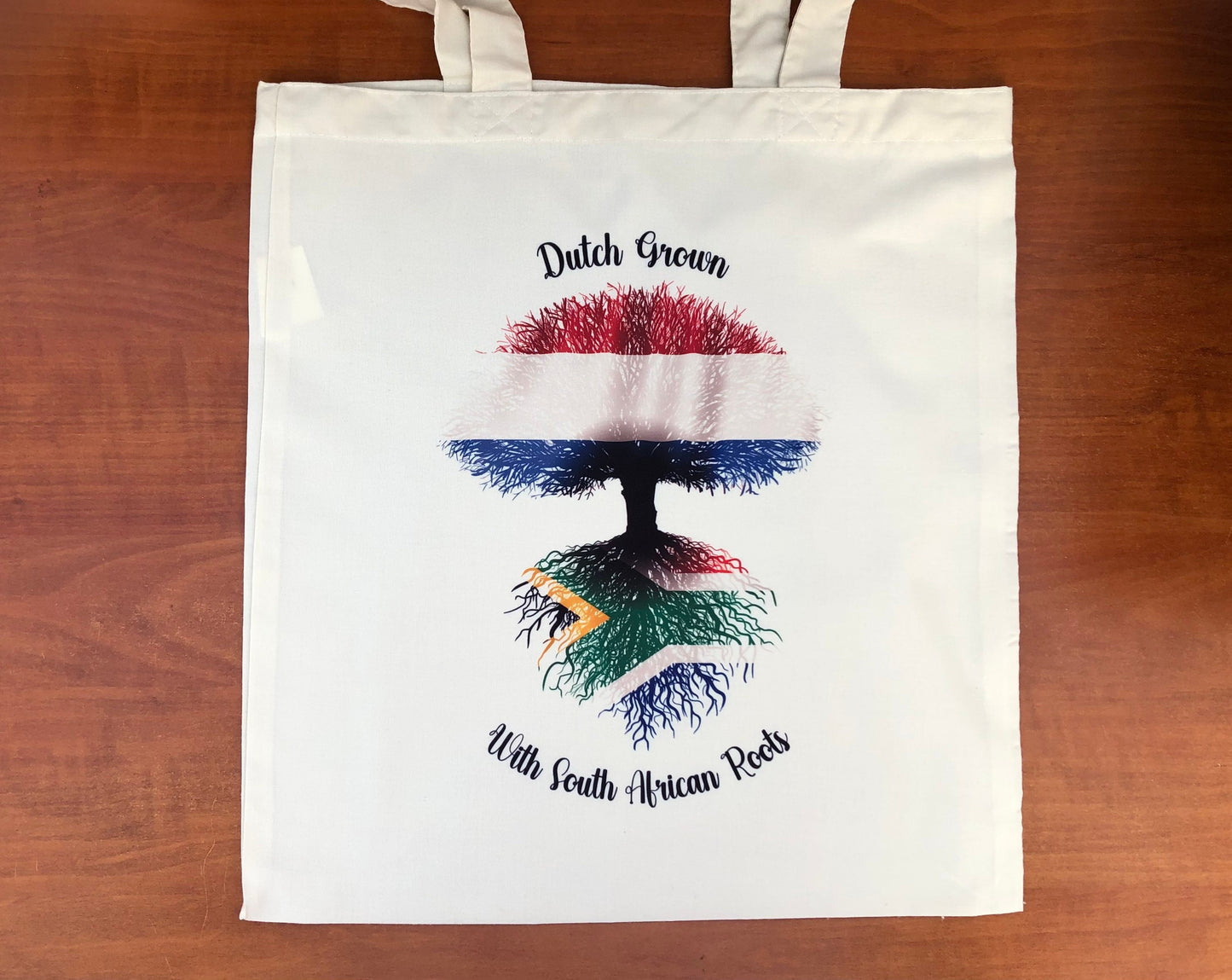 Fabric bag South African Flag The Netherlands 'Dutch Grown with South African Roots' natural fabric tote bag.