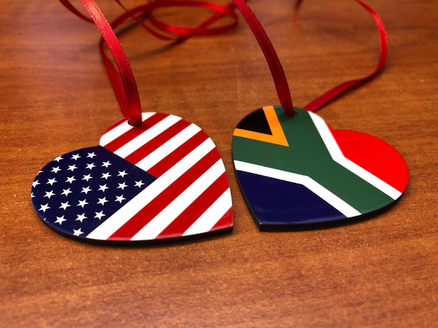 South Africa USA Heart shaped decoration hanging ornament bright and colourful South African and the United States flags