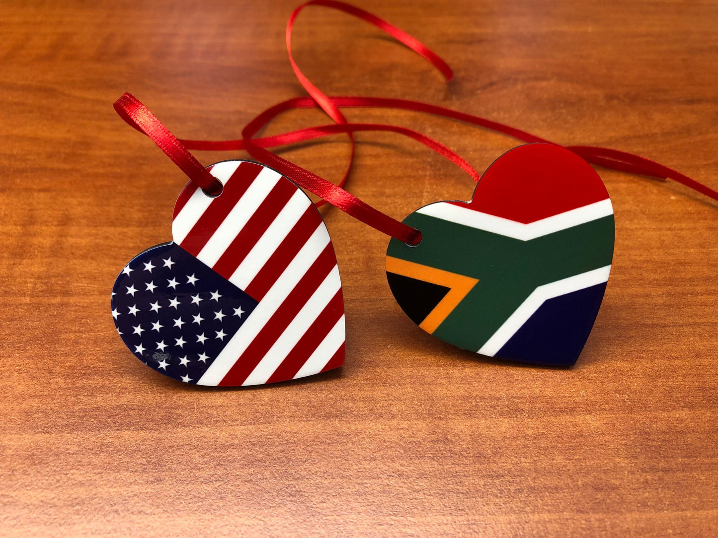 South Africa USA Heart shaped decoration hanging ornament bright and colourful South African and the United States flags