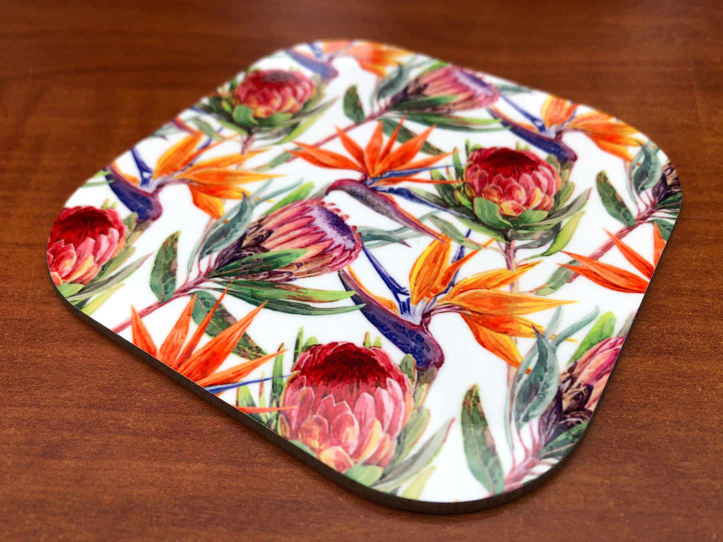 Protea and Strelitzia coaster. ( 9x9cm ) See matching mug.