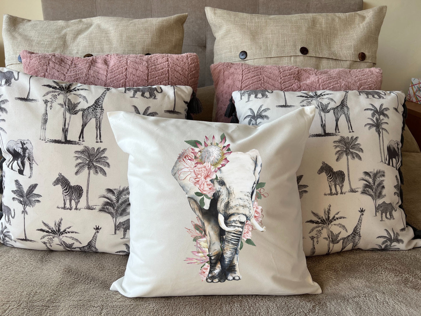 Elephant plush white deluxe scatter cushion. Soft feel plush cushion. African elephant with proteas.