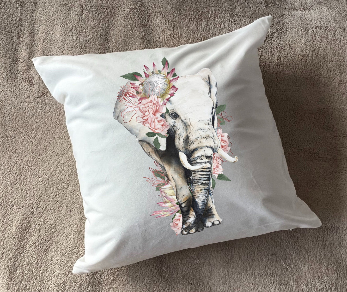 Elephant plush white deluxe scatter cushion. Soft feel plush cushion. African elephant with proteas.