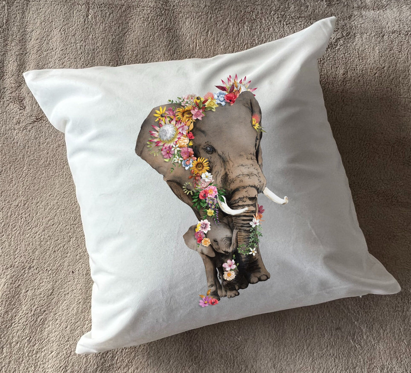 Elephant and Baby cushion plush white deluxe 'soft feel' scatter cushion. ( 40x40cm ). African elephants with proteas. Mother’s Day gift.