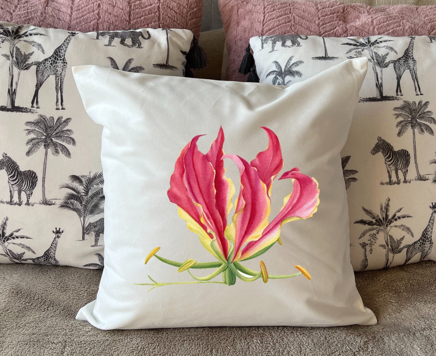 Zimbabwe Flame Lilly Gloriosa Superba plush white deluxe 'soft feel' scatter cushion. ( 40x40cm )