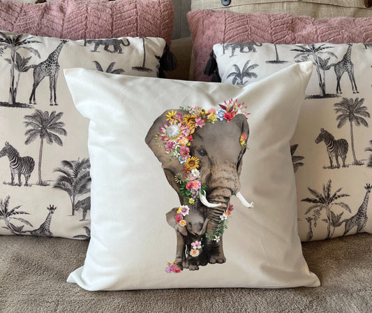 Elephant and Baby cushion plush white deluxe 'soft feel' scatter cushion. ( 40x40cm ). African elephants with proteas. Mother’s Day gift.