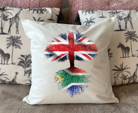 South African roots / United Kingdom Tree - Plush white deluxe 'soft feel' scatter cushion. ( 40x40cm ) Flag Art.