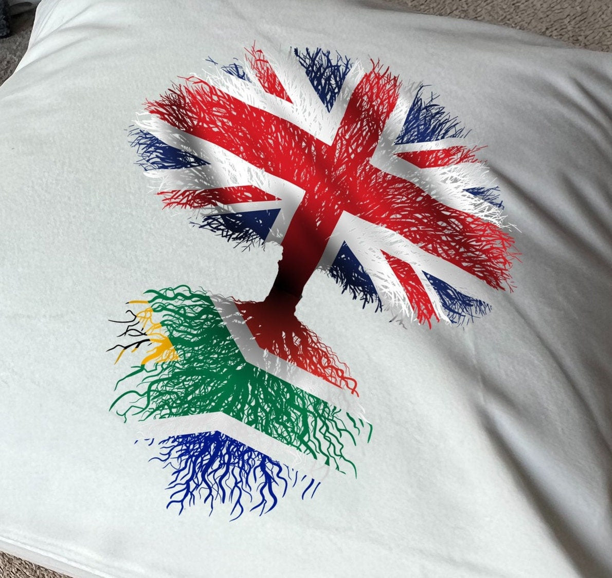 South African roots / United Kingdom Tree - Plush white deluxe 'soft feel' scatter cushion. ( 40x40cm ) Flag Art.