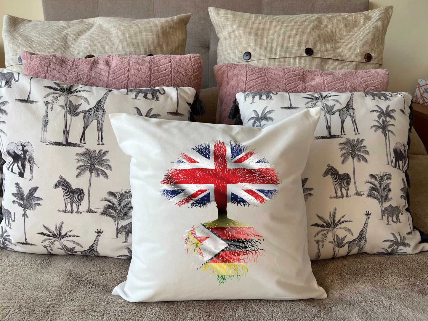 Zimbabwe heritage cushion United Kingdom flag tree with Zimbabwean flag roots. Plush white cushion, ideal gift.