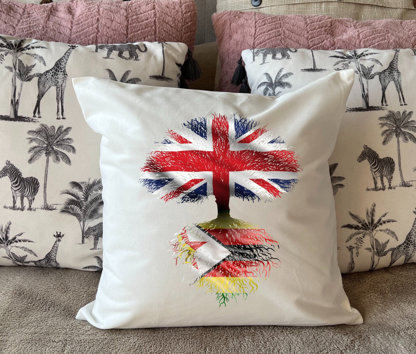 Zimbabwe heritage cushion United Kingdom flag tree with Zimbabwean flag roots. Plush white cushion, ideal gift.