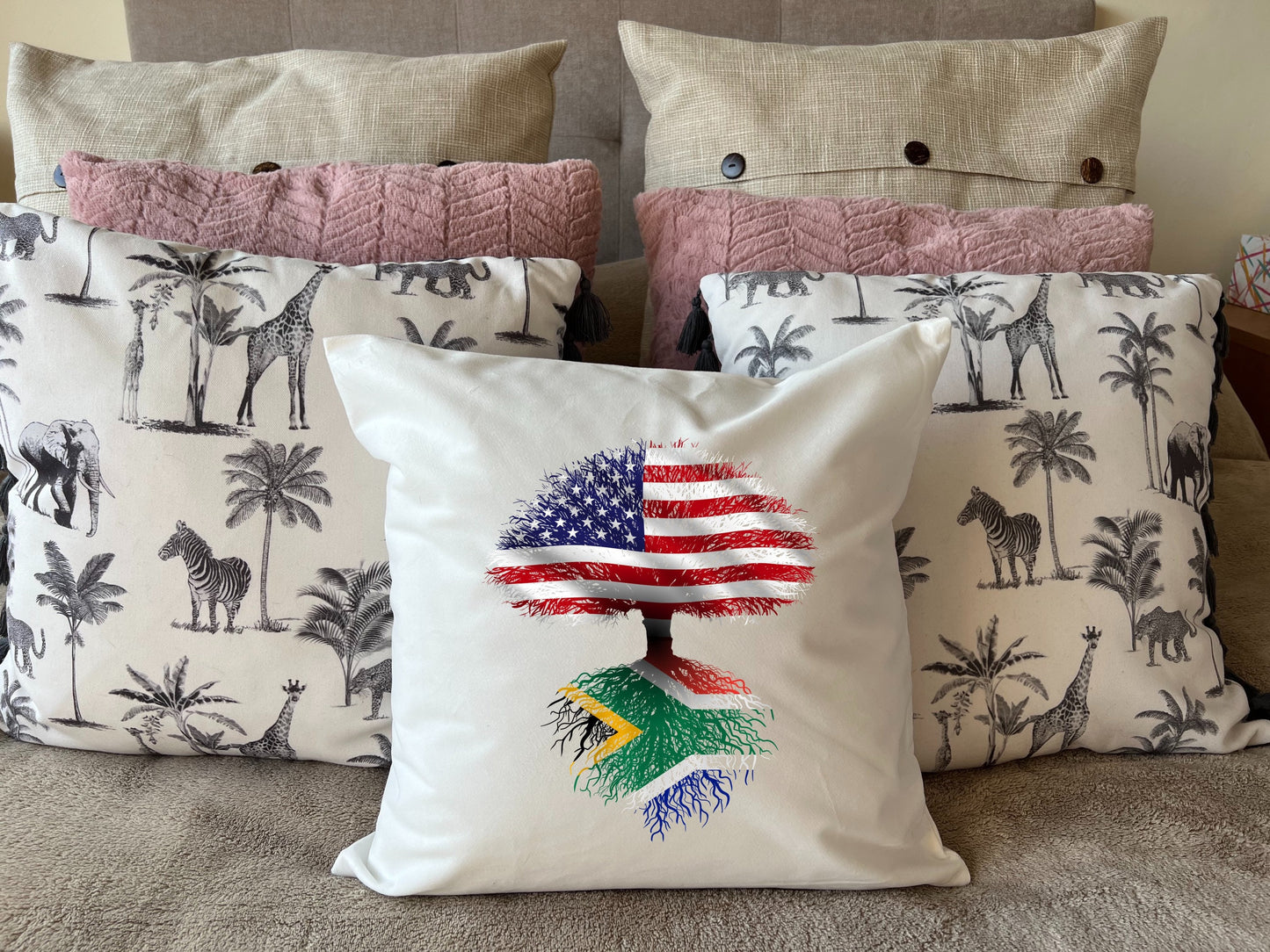 South African roots / United States Tree - plush white deluxe 'soft feel' scatter cushion. ( 40x40cm ) Flag Art.