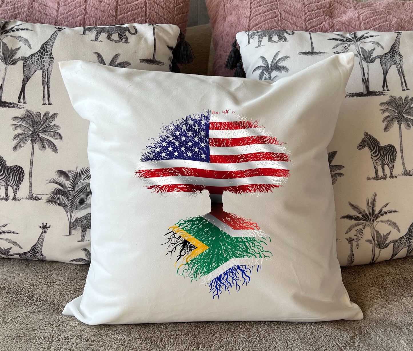 South African roots / United States Tree - plush white deluxe 'soft feel' scatter cushion. ( 40x40cm ) Flag Art.