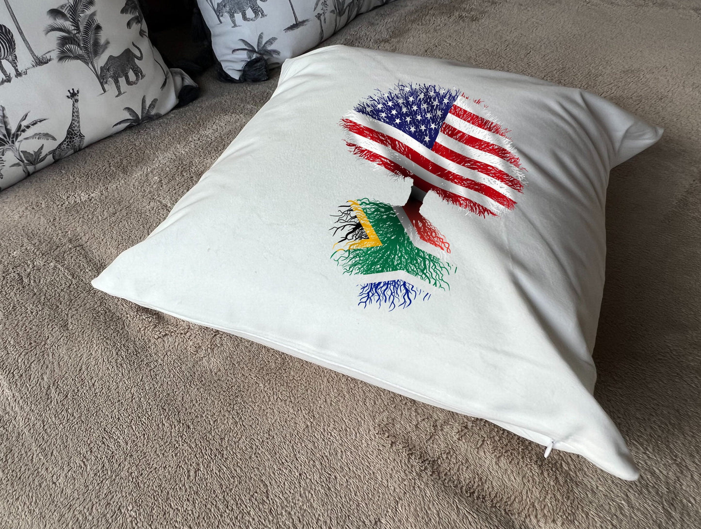 South African roots / United States Tree - plush white deluxe 'soft feel' scatter cushion. ( 40x40cm ) Flag Art.