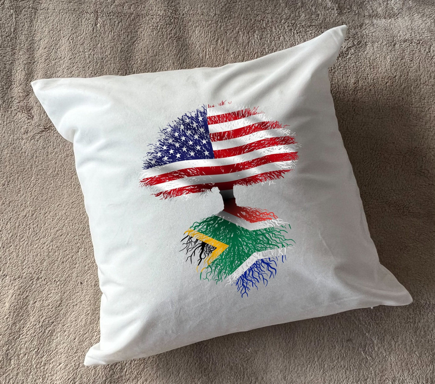 South African roots / United States Tree - plush white deluxe 'soft feel' scatter cushion. ( 40x40cm ) Flag Art.