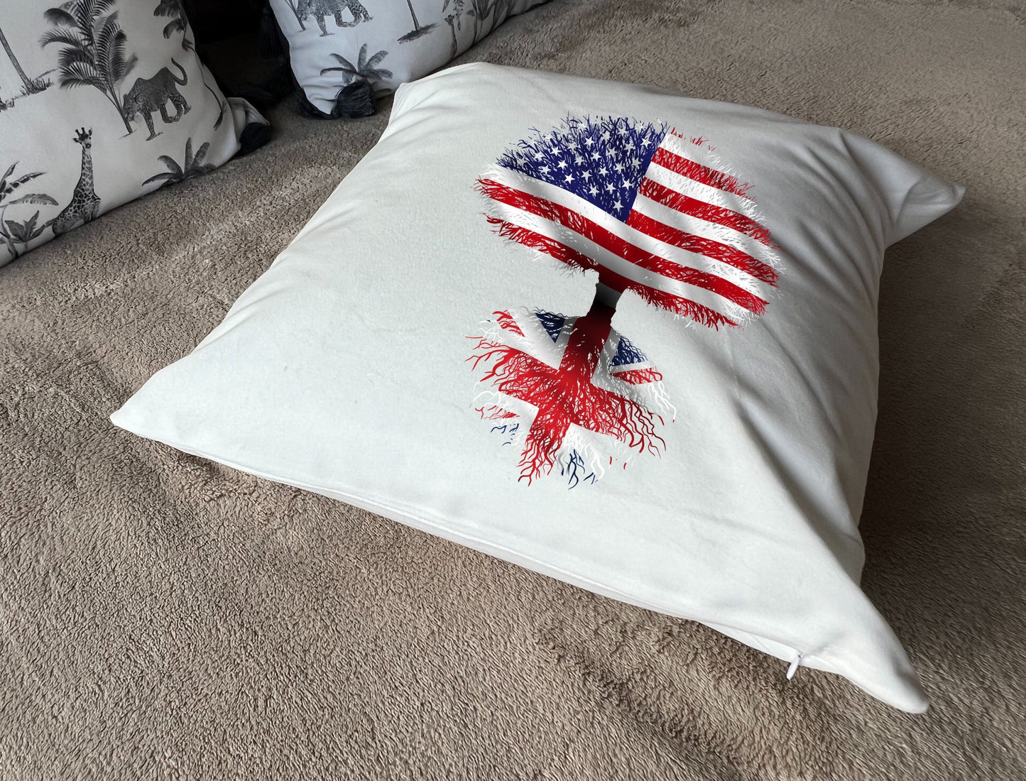 United Kingdom roots / USA Tree - plush white deluxe 'soft feel' scatter cushion. ( 40x40cm )