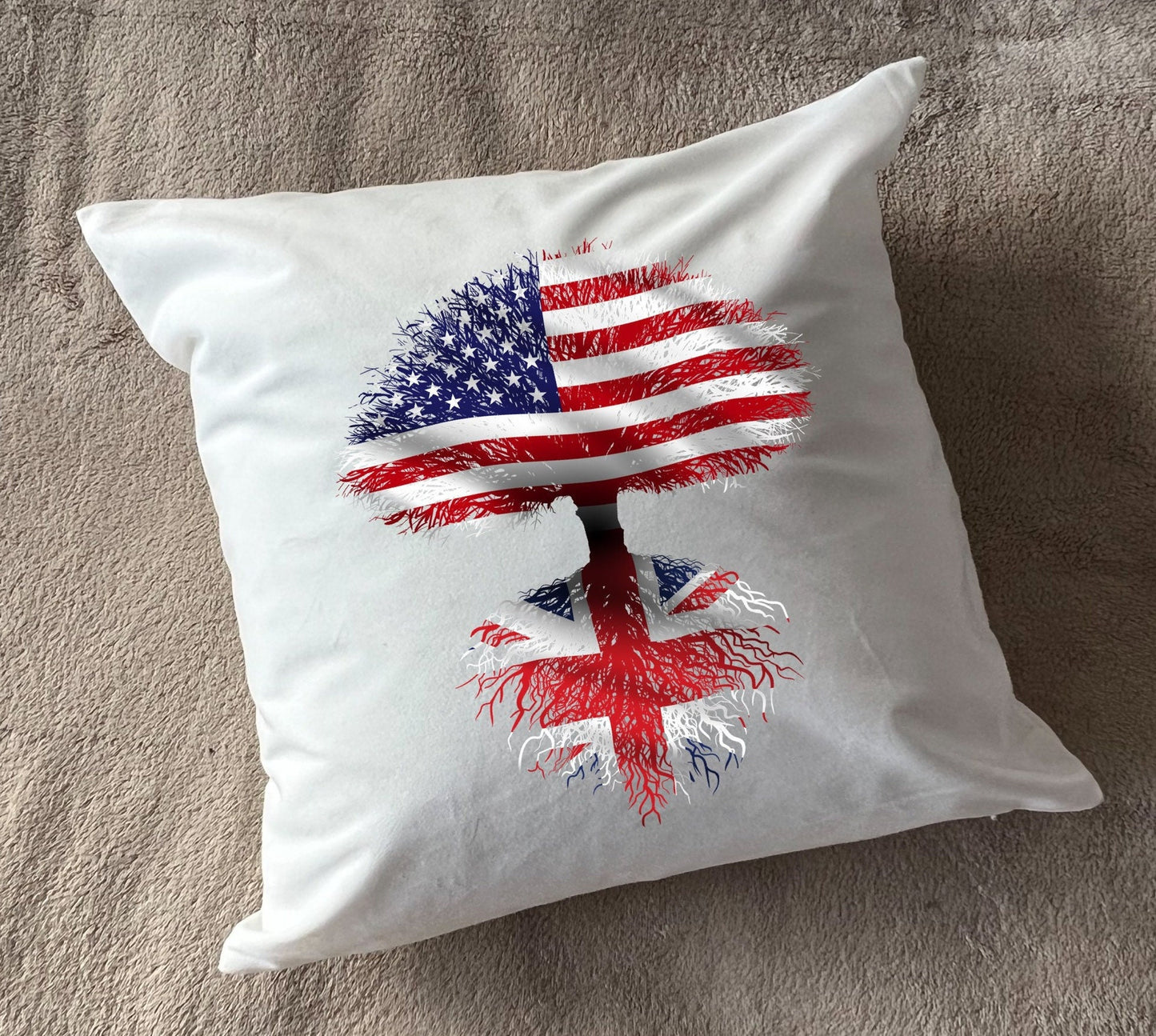 United Kingdom roots / USA Tree - plush white deluxe 'soft feel' scatter cushion. ( 40x40cm )