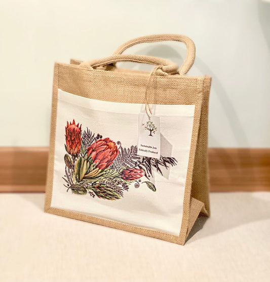 Protea Jute Bag with fabric pocket. Eco-friendly Hessian Burlap Tote Reusable