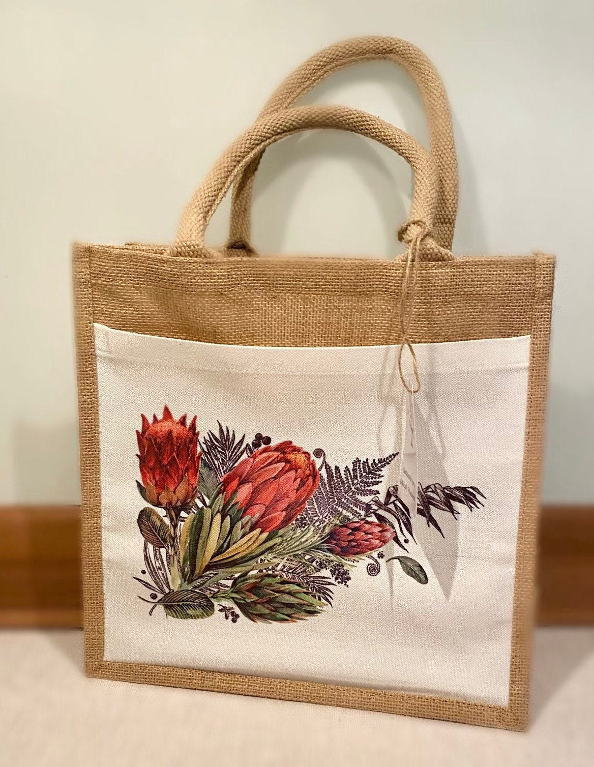 Protea Jute Bag with fabric pocket. Eco-friendly Hessian Burlap Tote Reusable