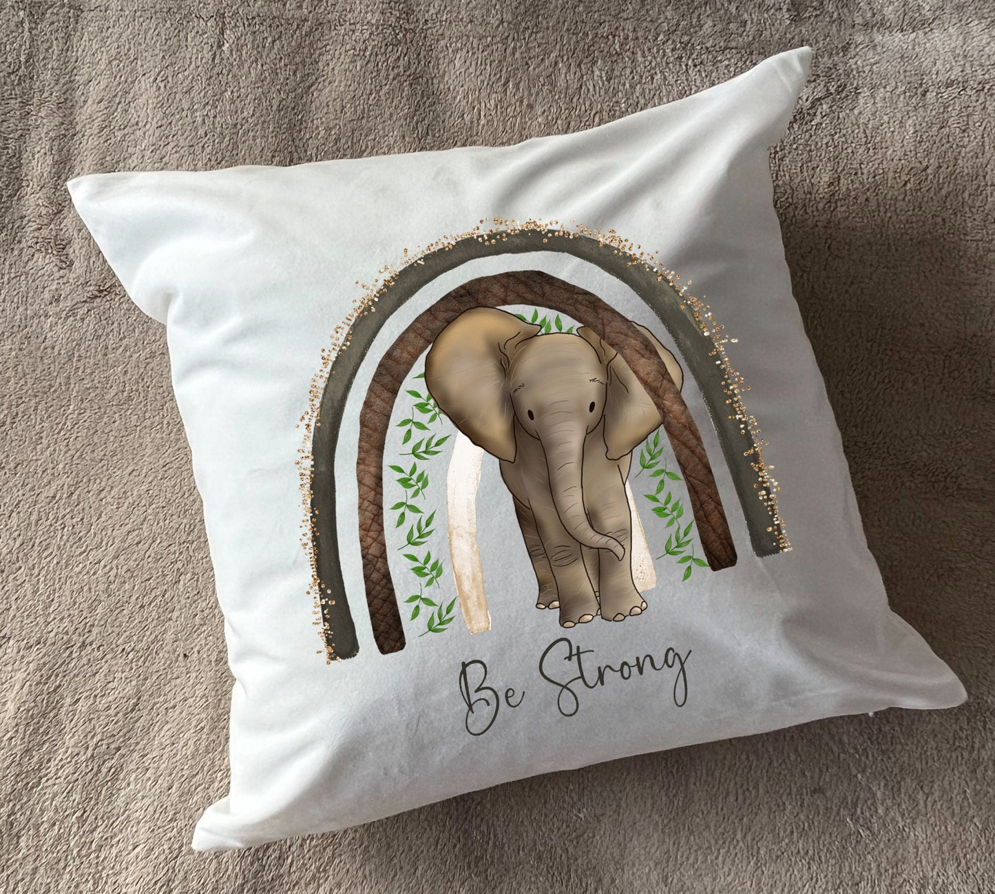 Elephant 'Be Strong' plush white deluxe scatter cushion. Vibrant hand printed design.