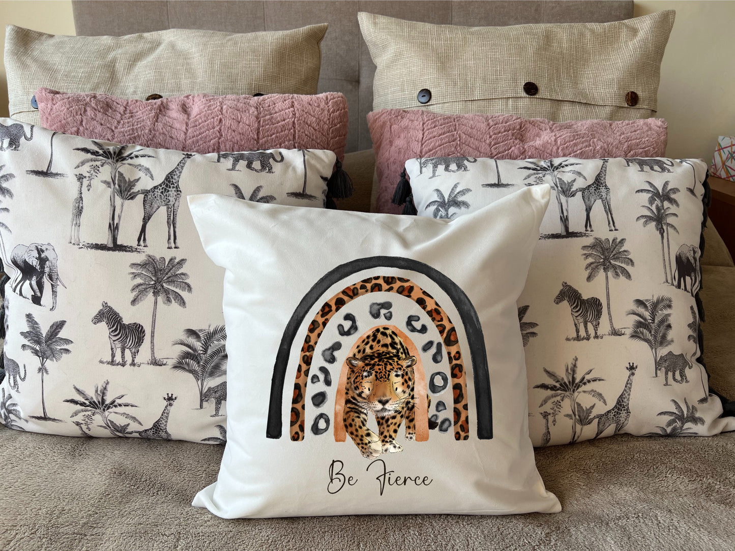 Hand Printed 'Be Fierce' Leopard plush white deluxe 'soft feel' scatter cushion. ( 40x40cm )