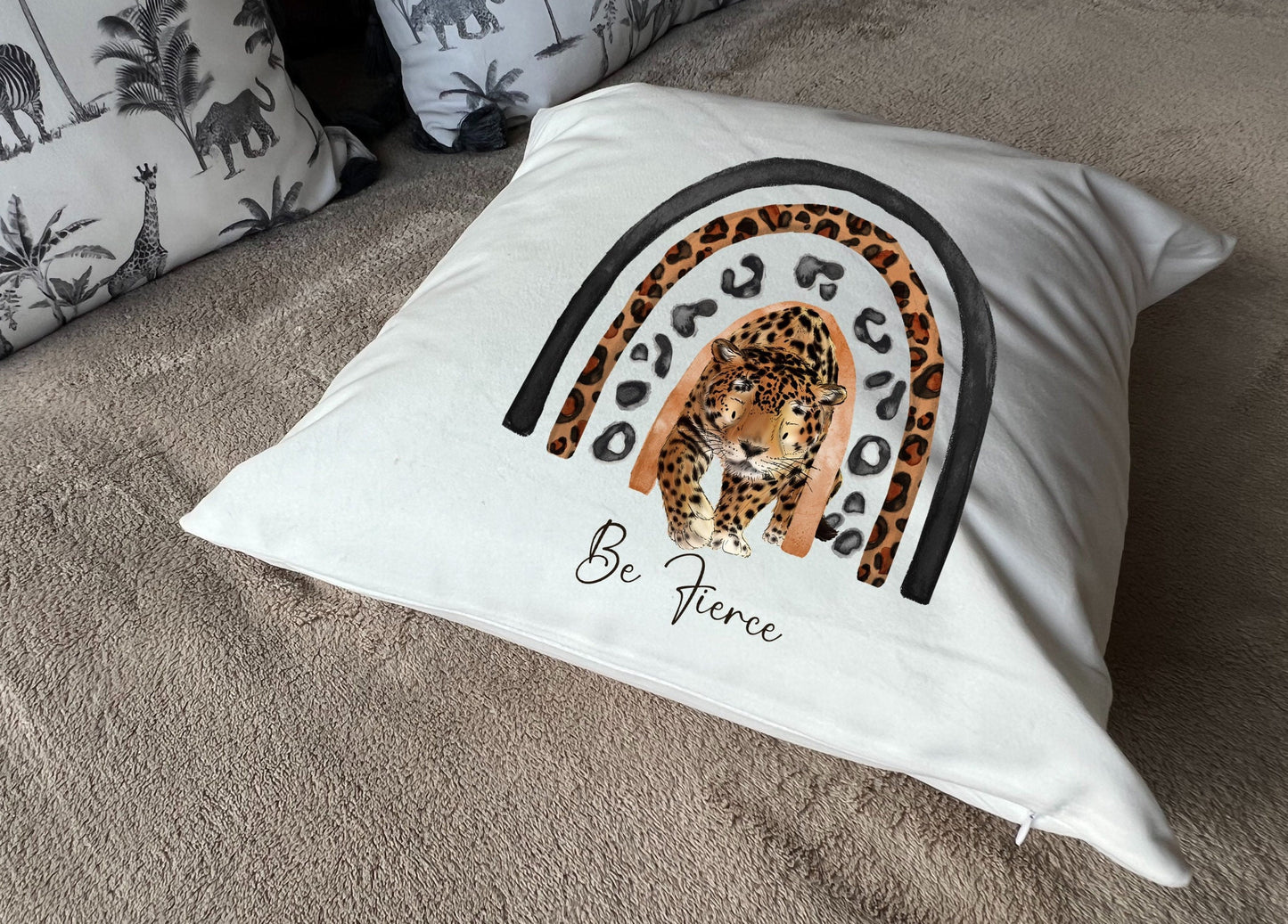Hand Printed 'Be Fierce' Leopard plush white deluxe 'soft feel' scatter cushion. ( 40x40cm )