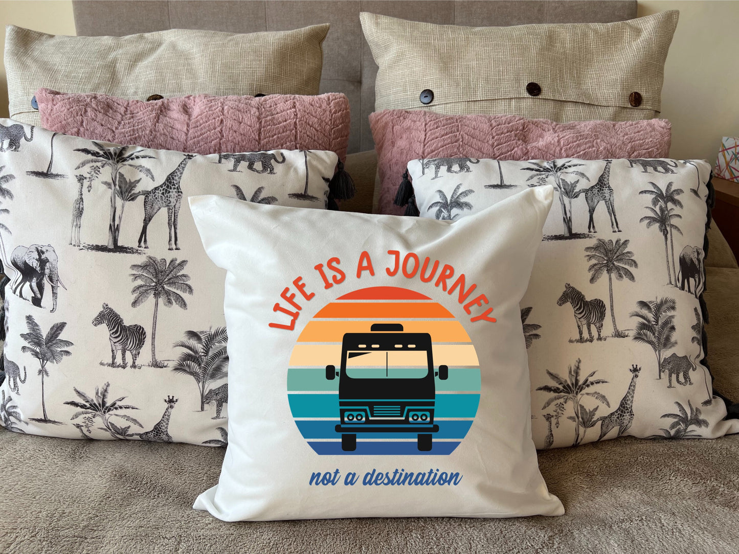 Life is a Journey, not a destination Motorhome, Camper-van or Caravan plush white deluxe 'soft feel' scatter cushion.