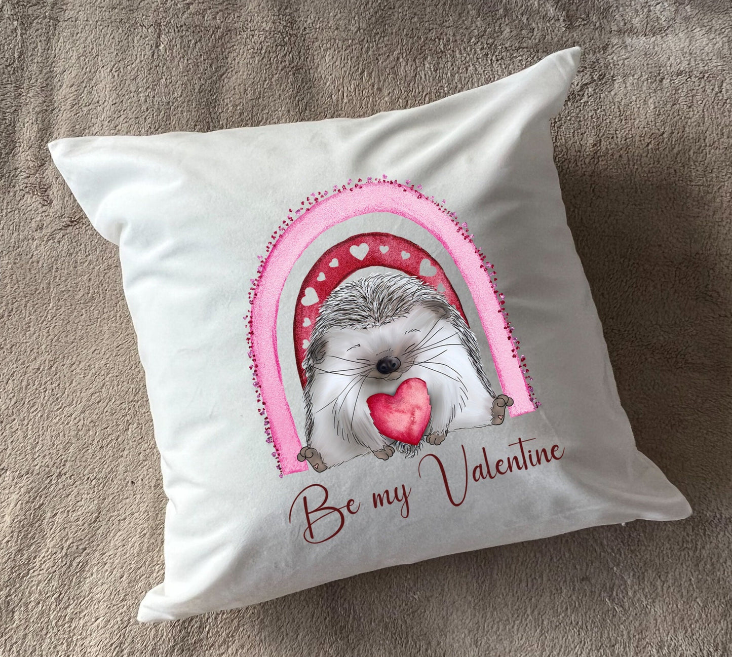 Hand Printed 'Be my Valentine' Hedgehog plush white deluxe 'soft feel' scatter cushion. ( 40x40cm )