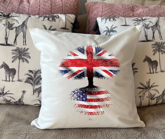 United States of America roots / United Kingdom Tree - Plush white deluxe 'soft feel' scatter cushion. ( 40x40cm ) Flag Art.