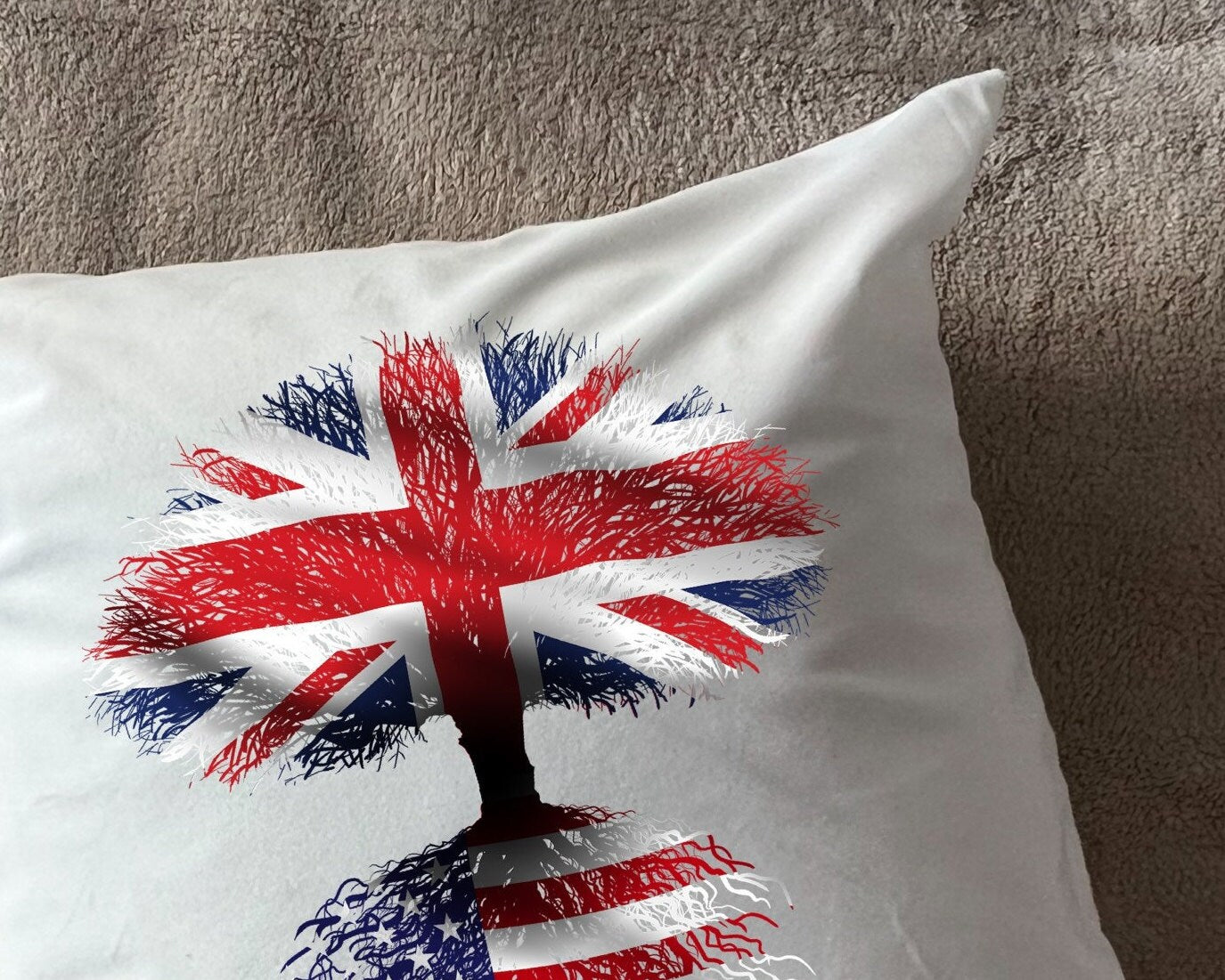 United States of America roots / United Kingdom Tree - Plush white deluxe 'soft feel' scatter cushion. ( 40x40cm ) Flag Art.