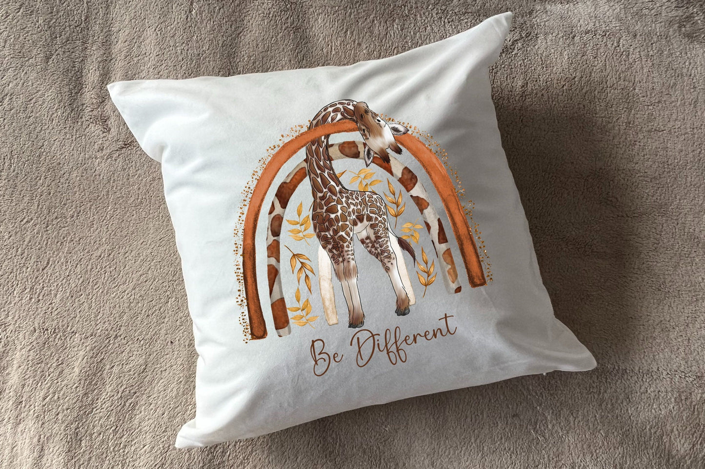 Giraffe 'Be Different' plush white deluxe 'soft feel' scatter cushion. ( 40x40cm ) Be Different. African cushion. Home décor.