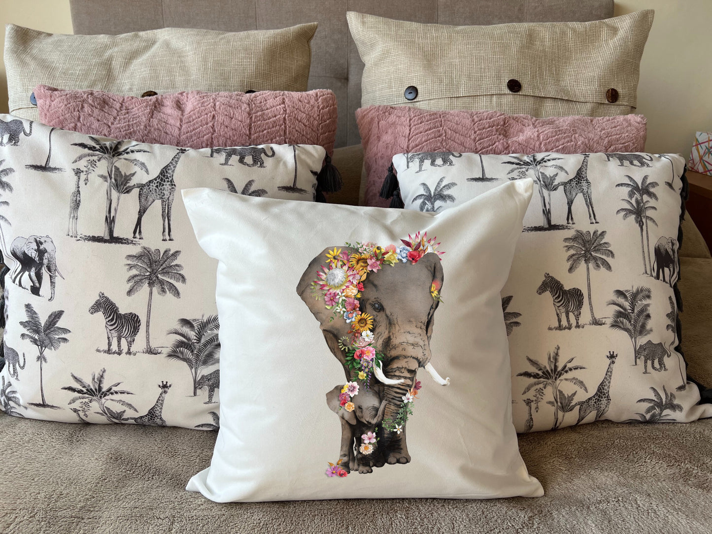 Elephant and Baby cushion plush white deluxe 'soft feel' scatter cushion. ( 40x40cm ). African elephants with proteas. Mother’s Day gift.