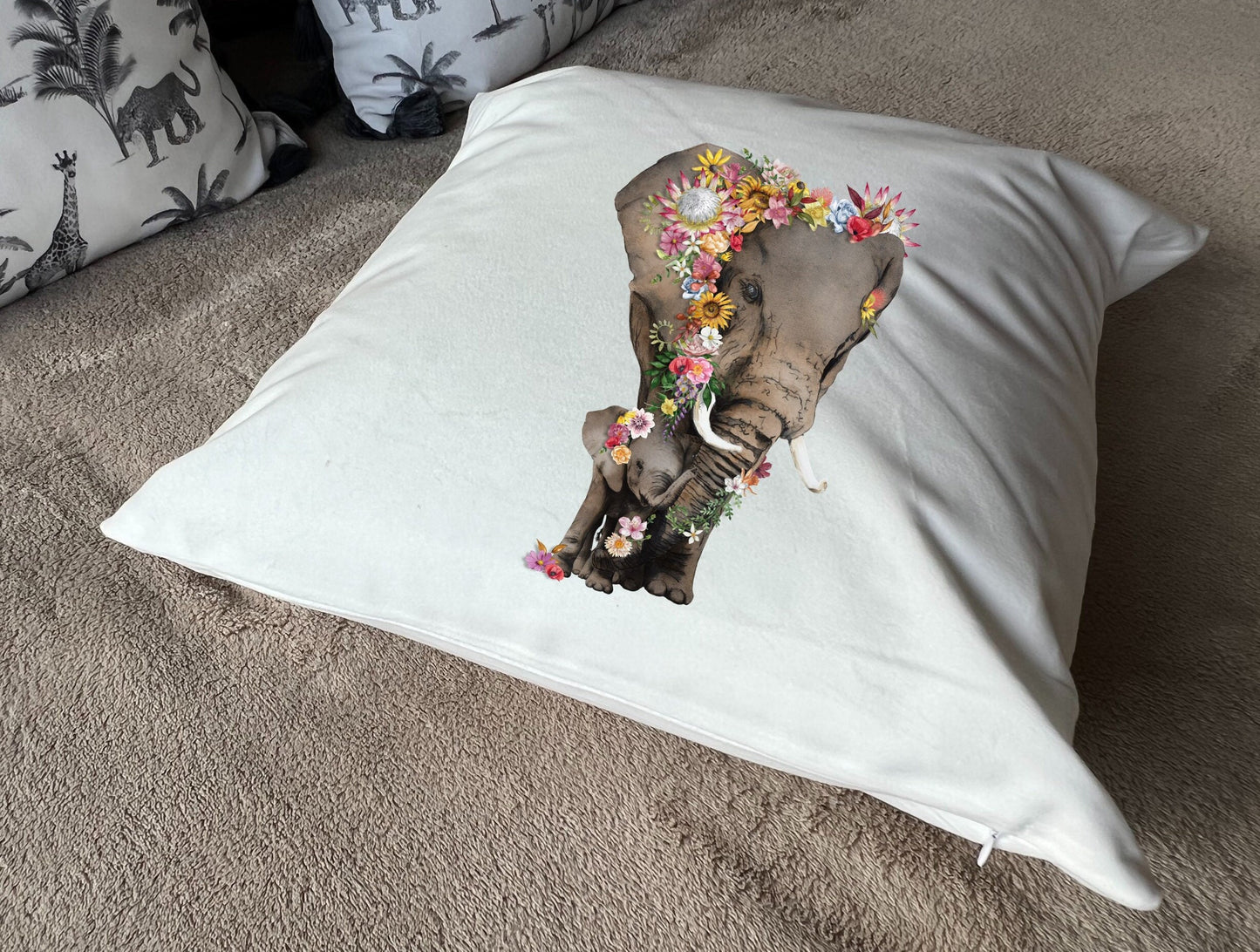 Elephant and Baby cushion plush white deluxe 'soft feel' scatter cushion. ( 40x40cm ). African elephants with proteas. Mother’s Day gift.