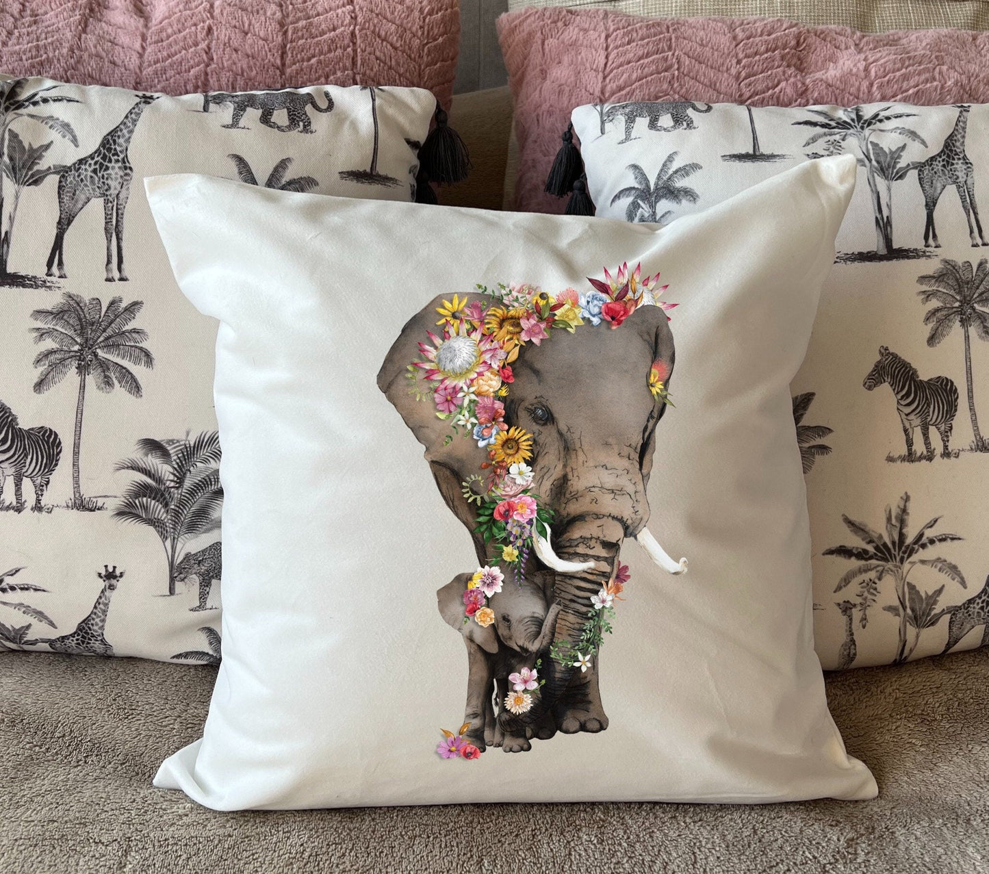 Elephant and Baby cushion plush white deluxe 'soft feel' scatter cushion. ( 40x40cm ). African elephants with proteas. Mother’s Day gift.