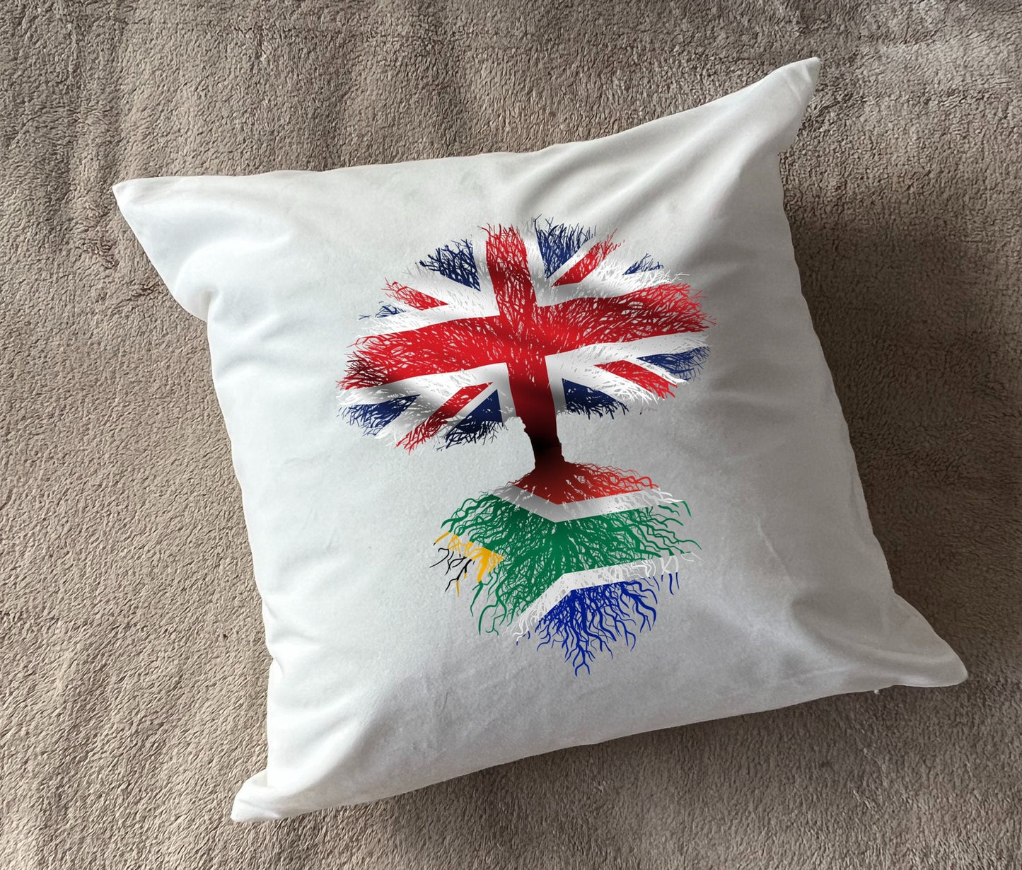 South African roots / United Kingdom Tree - Plush white deluxe 'soft feel' scatter cushion. ( 40x40cm ) Flag Art.