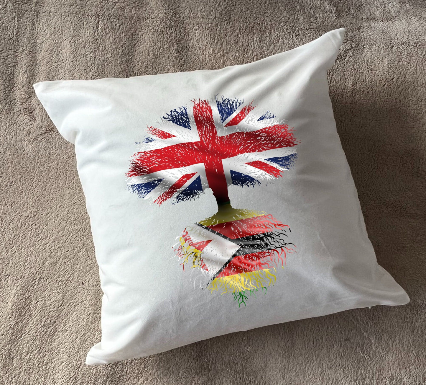 Zimbabwe heritage cushion United Kingdom flag tree with Zimbabwean flag roots. Plush white cushion, ideal gift.