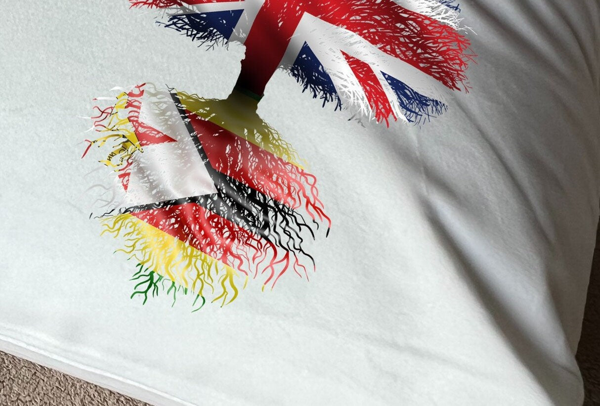 Zimbabwe heritage cushion United Kingdom flag tree with Zimbabwean flag roots. Plush white cushion, ideal gift.