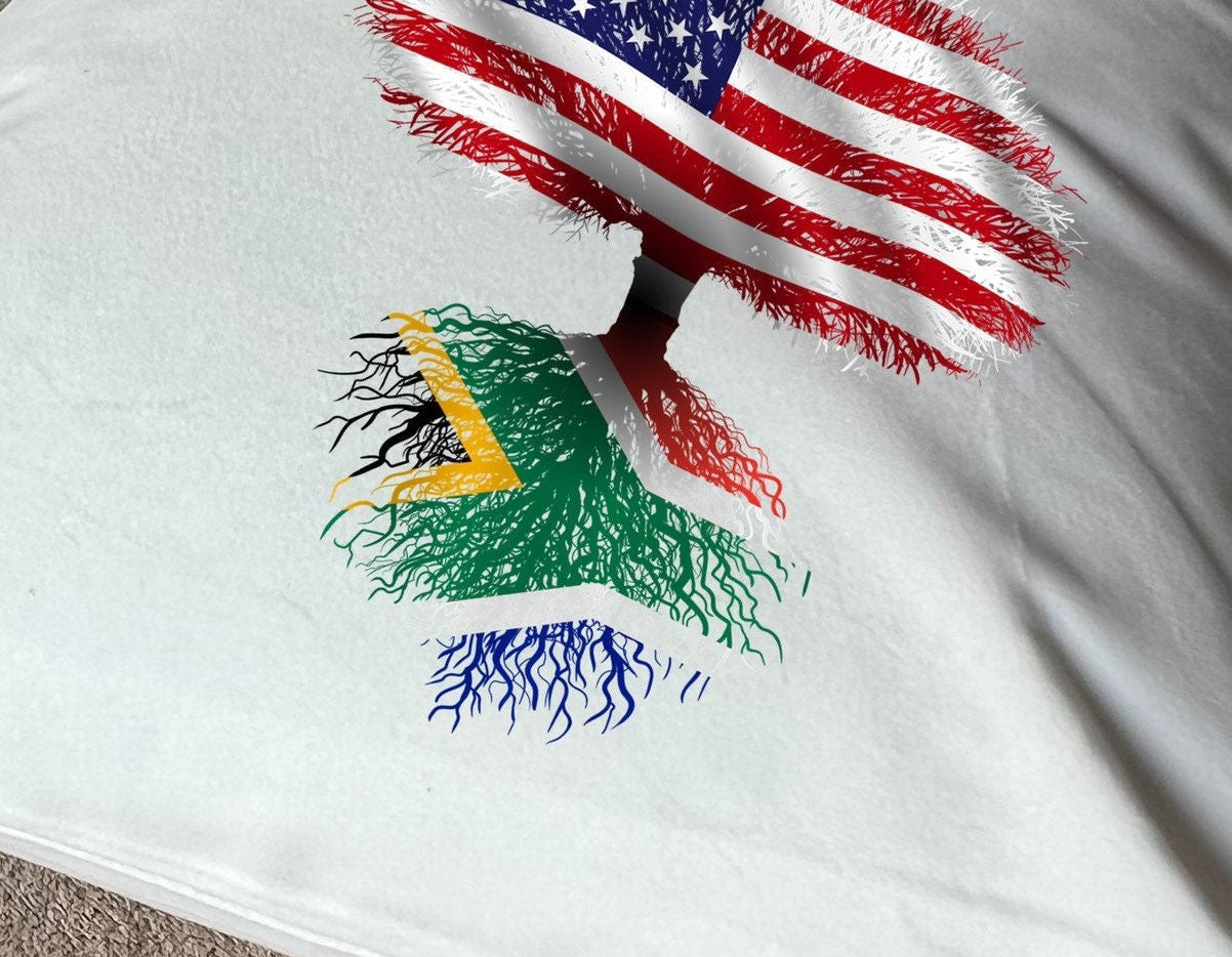 South African roots / United States Tree - plush white deluxe 'soft feel' scatter cushion. ( 40x40cm ) Flag Art.