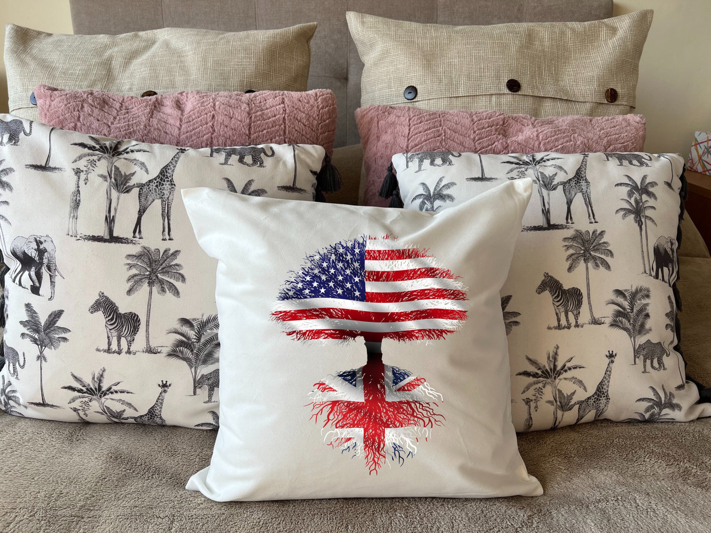 United Kingdom roots / USA Tree - plush white deluxe 'soft feel' scatter cushion. ( 40x40cm )