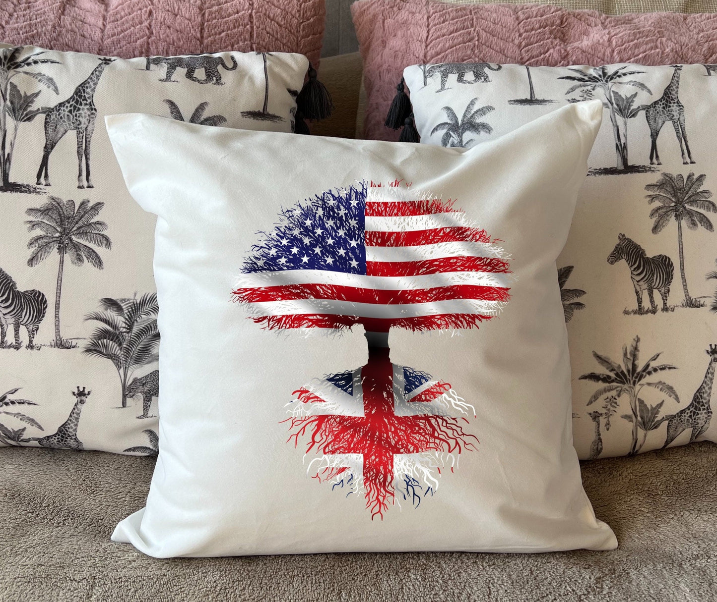 United Kingdom roots / USA Tree - plush white deluxe 'soft feel' scatter cushion. ( 40x40cm )