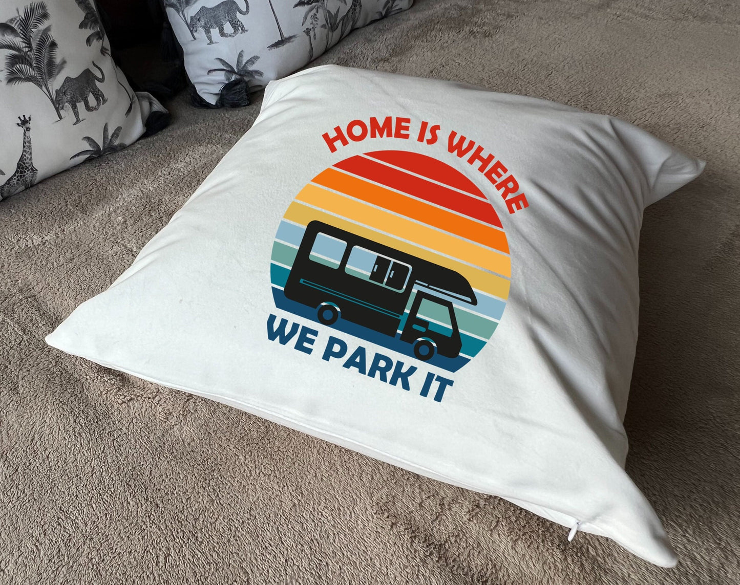 Home is where we park it Motorhome / Campervan / Caravan plush white deluxe 'soft feel' scatter cushion. ( 40x40cm )