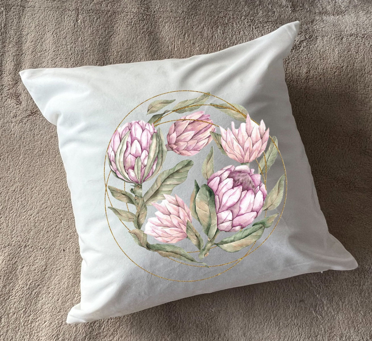 Elegant Protea Gold Circle plush white deluxe 'soft feel' scatter cushion. ( 40x40cm )