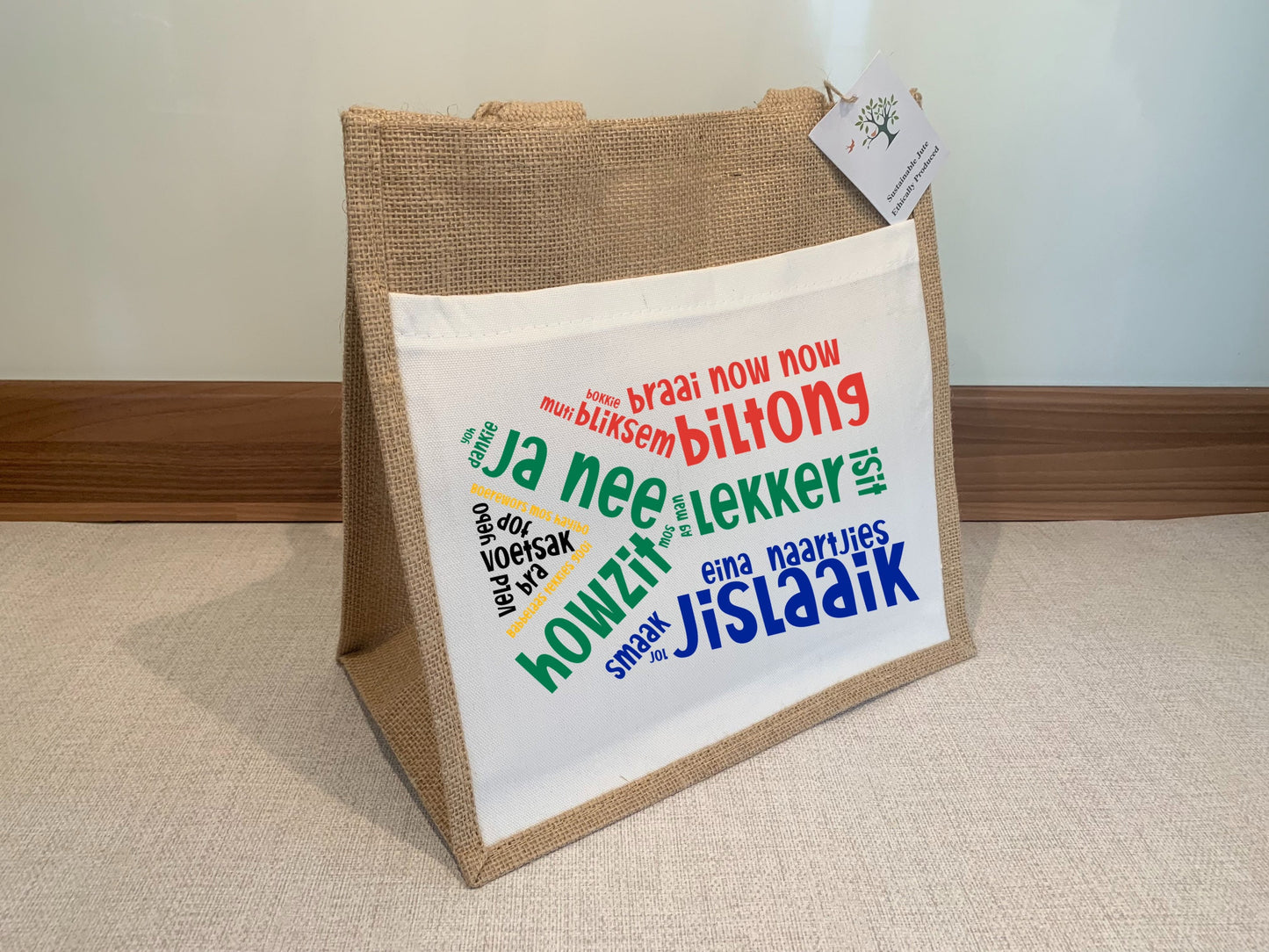 South African Flag Slang sayings Afrikaans Jute Bag with fabric pocket. Eco-friendly Hessian Burlap Tote Reusable Gift for him Fathers Day