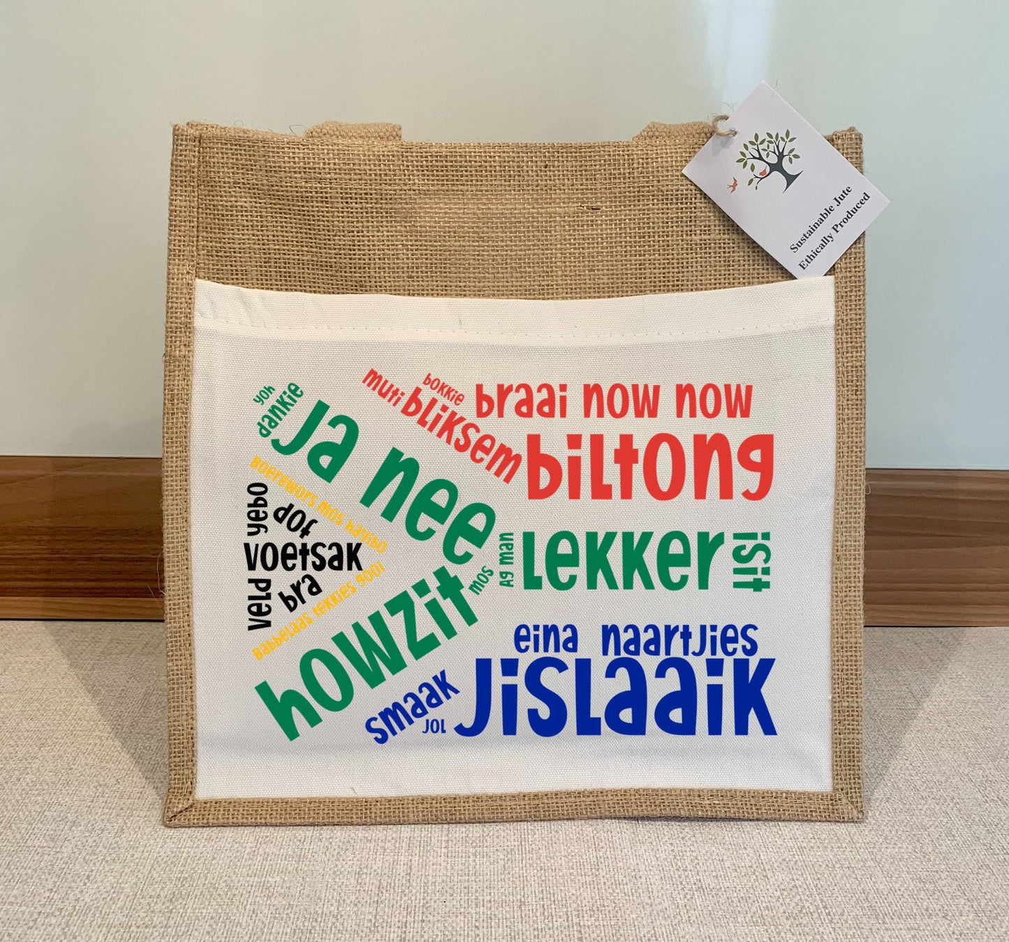 South African Flag Slang sayings Afrikaans Jute Bag with fabric pocket. Eco-friendly Hessian Burlap Tote Reusable Gift for him Fathers Day