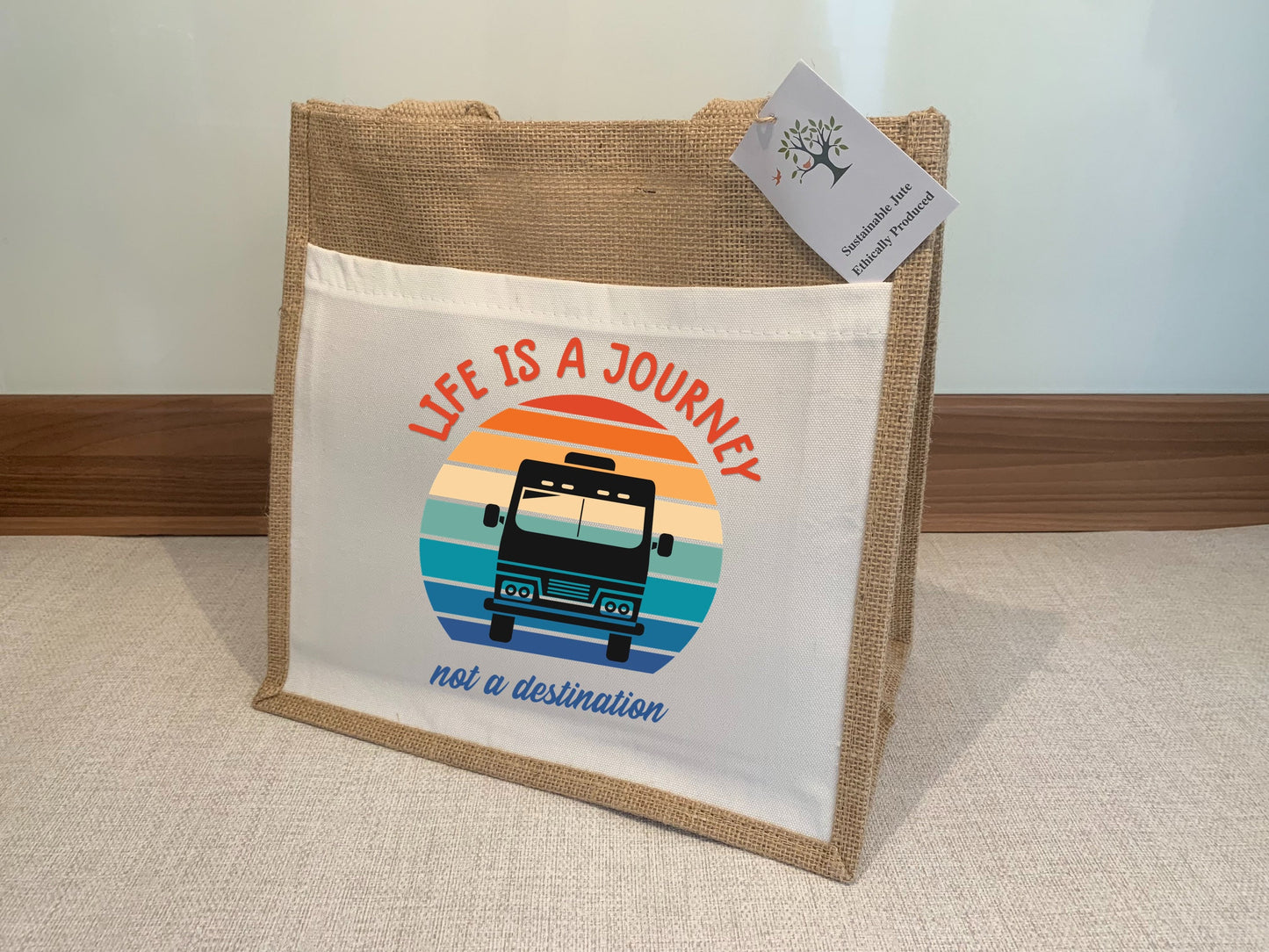 Motorhome Caravan RV bag Life is a journey, not a destination Jute Bag with fabric pocket. Eco-friendly Hessian Burlap Tote Reusable