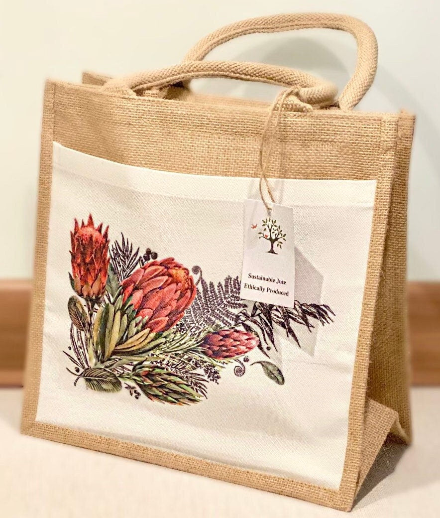 Protea Jute Bag with fabric pocket. Eco-friendly Hessian Burlap Tote Reusable