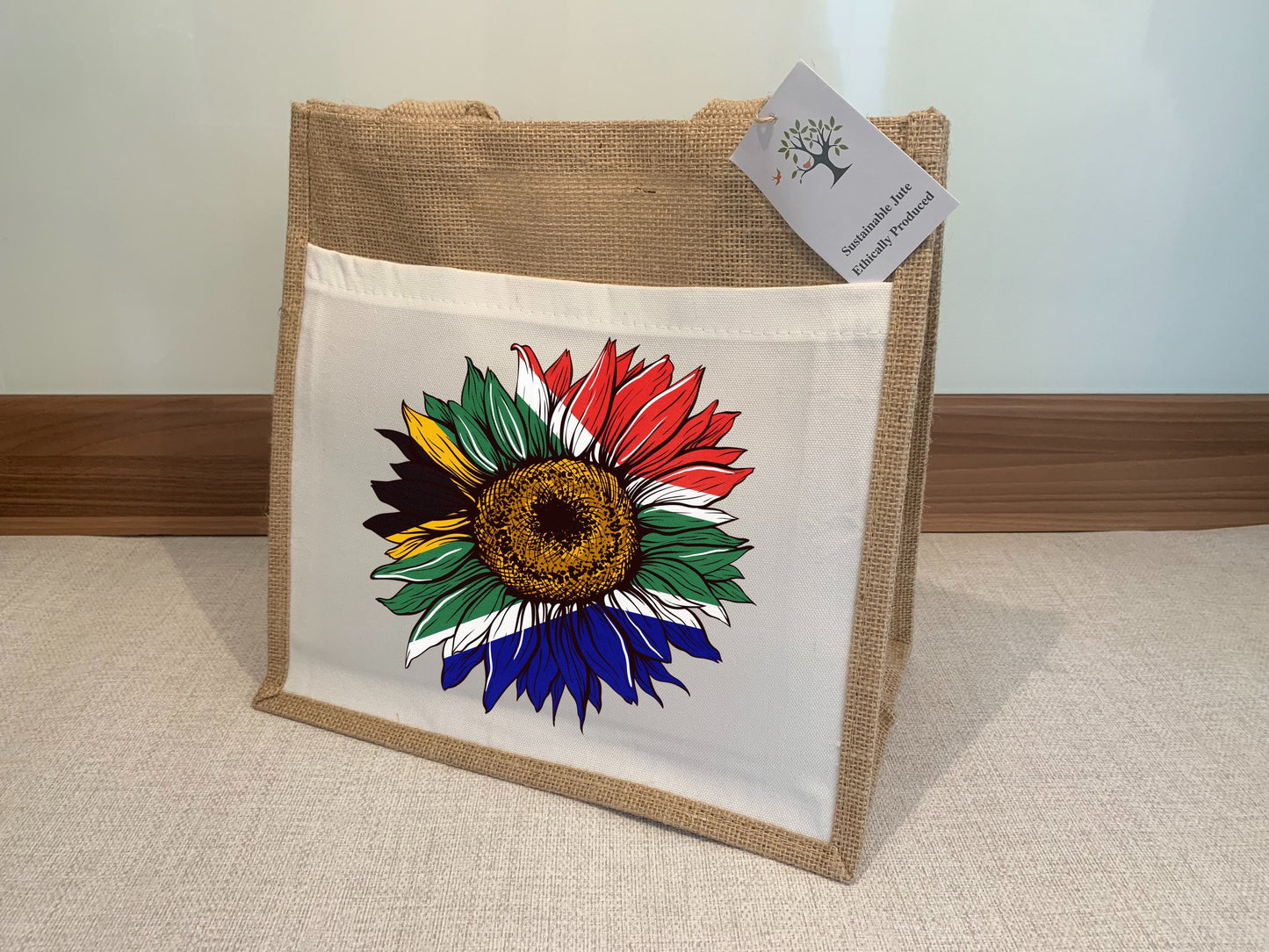 South African Flag Sunflower Jute Bag with fabric pocket. Eco-friendly Hessian Burlap Tote Reusable. Flag Art.