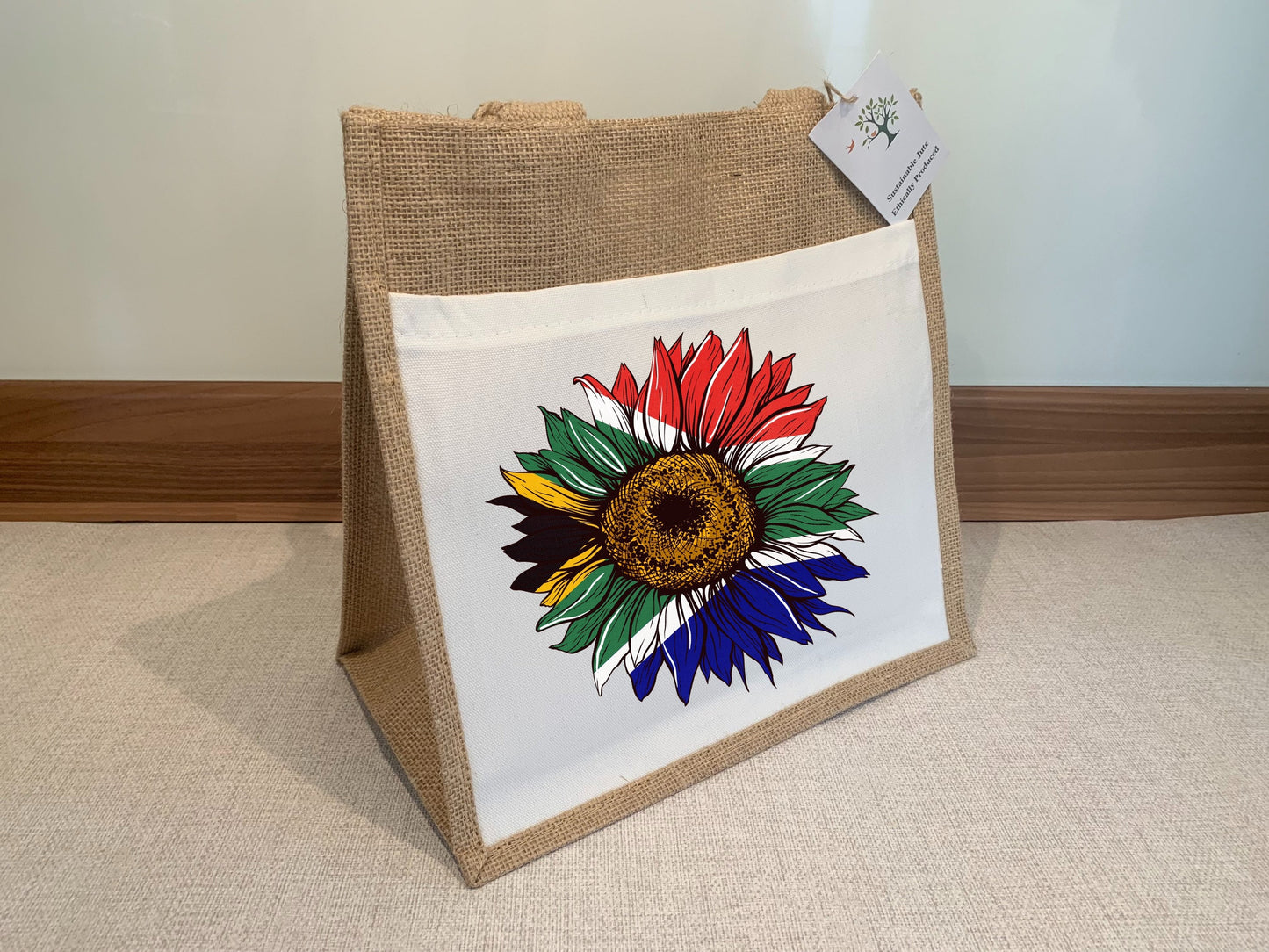 South African Flag Sunflower Jute Bag with fabric pocket. Eco-friendly Hessian Burlap Tote Reusable. Flag Art.