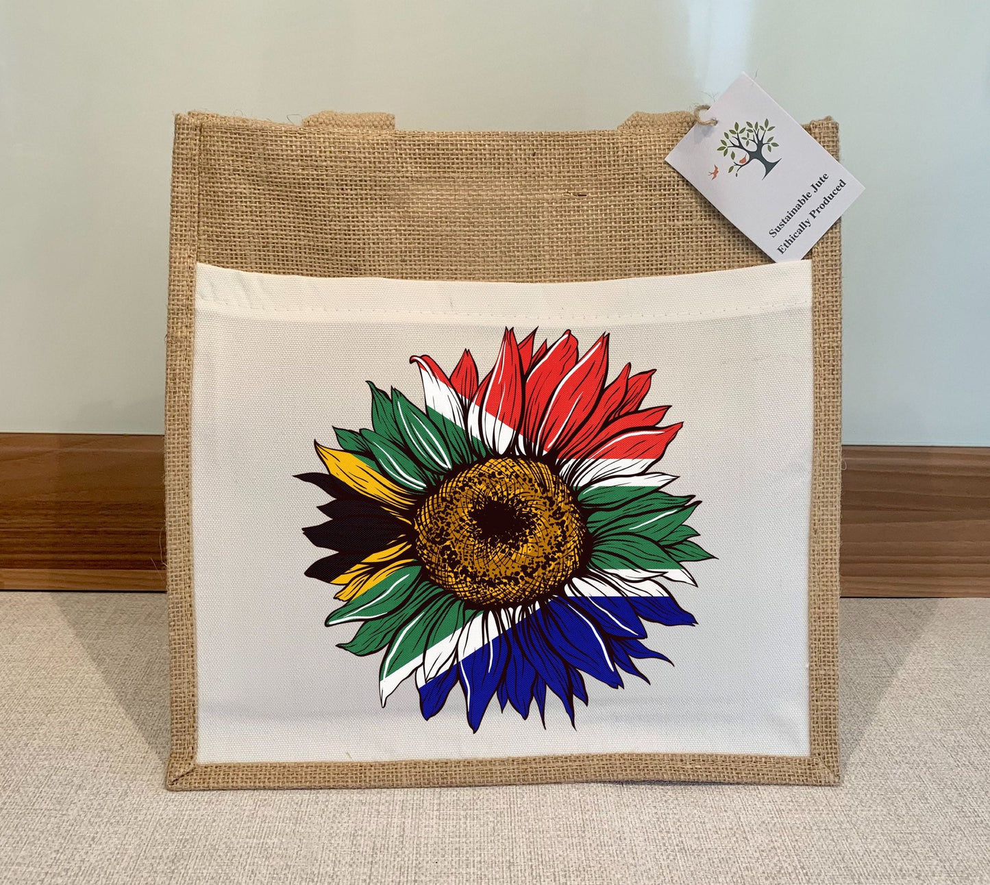 South African Flag Sunflower Jute Bag with fabric pocket. Eco-friendly Hessian Burlap Tote Reusable. Flag Art.