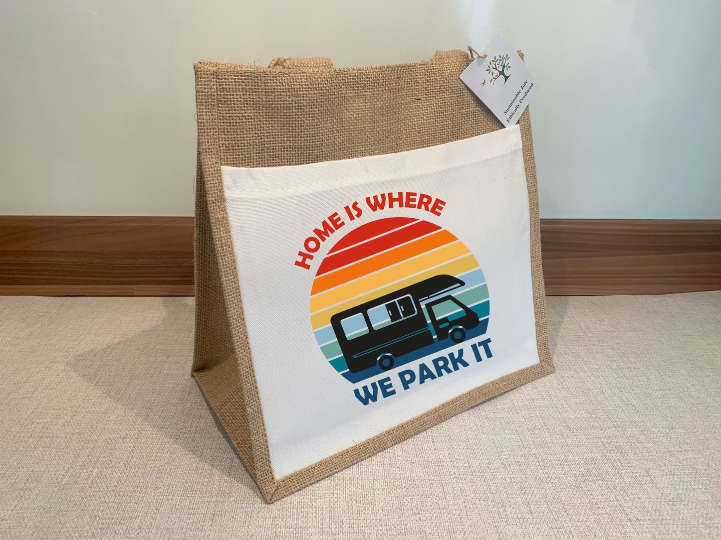 Motorhome Caravan Home is where we park it Jute Bag with fabric pocket. Eco-friendly Hessian Burlap Tote Reusable