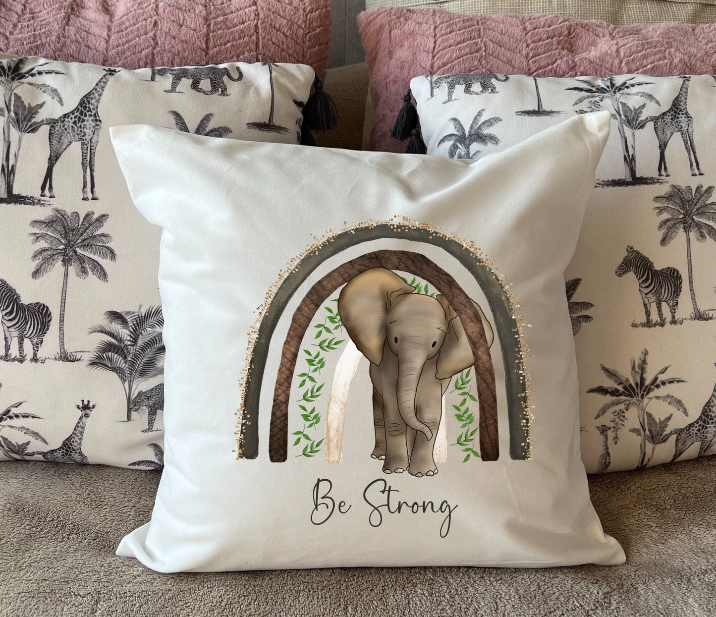 Elephant 'Be Strong' plush white deluxe scatter cushion. Vibrant hand printed design.