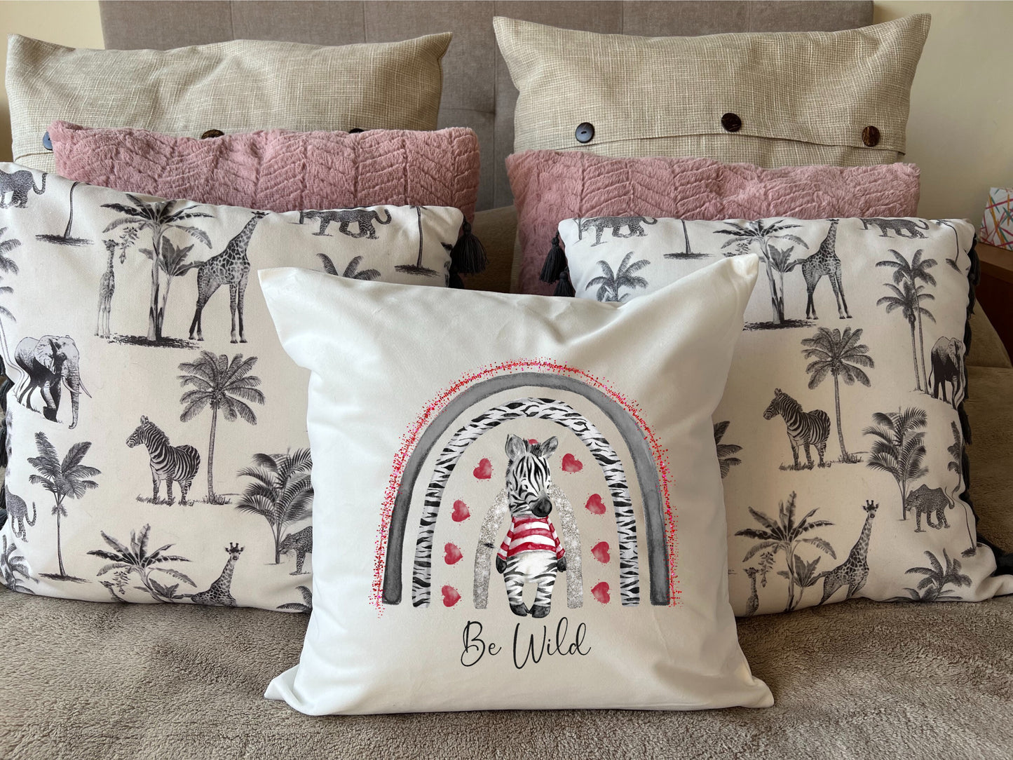 Hand Printed 'Be Wild' Zebra plush white deluxe 'soft feel' scatter cushion. ( 40x40cm )